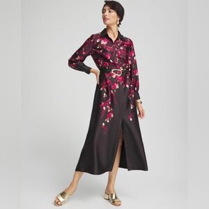 Chico's NWT Maxi Dress Shirt Falling Leaves Satin 4/XXL